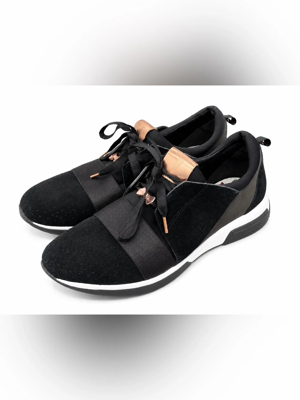 Ted Baker Black Suede Rose Gold Bow Cepap Sneaker Coquette Whimsigoth Sz‎ 8.5